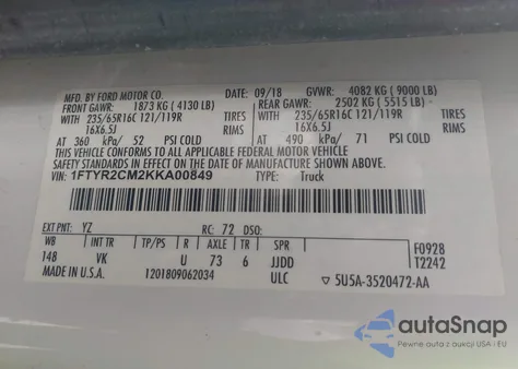 2019 Ford Transit-250 из США, поврежденный, VIN 1FTYR2CM2KKA00849